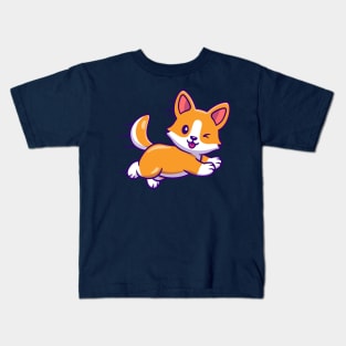 Cute Corgi Dog Running And Jumping Cartoon Kids T-Shirt